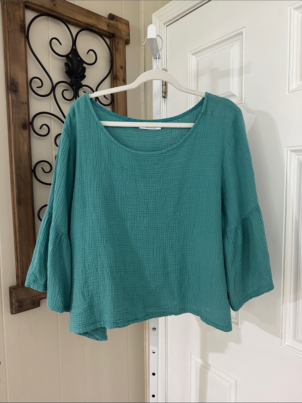bryn Walker Teal Gauze Bell-Sleeve Blouse